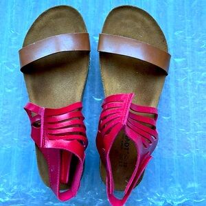 Naot all leather sandals in red and tan.  Adjustable back straps & comfortable
